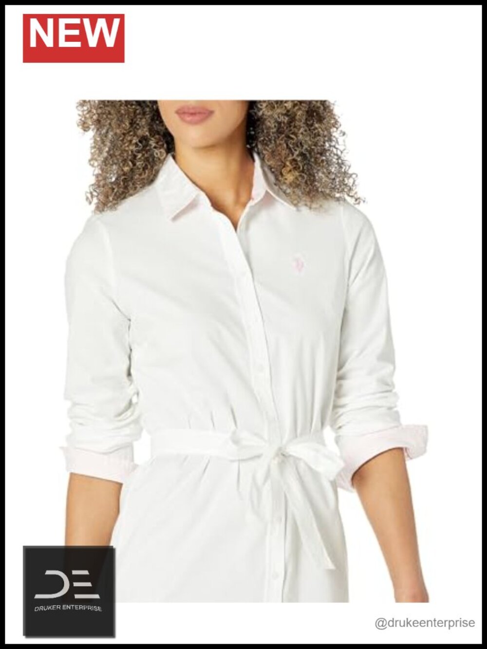 Womens Long Sleeve Stretch Oxford Shirt Dress Tie Waist Button Down - Picture 2 of 2